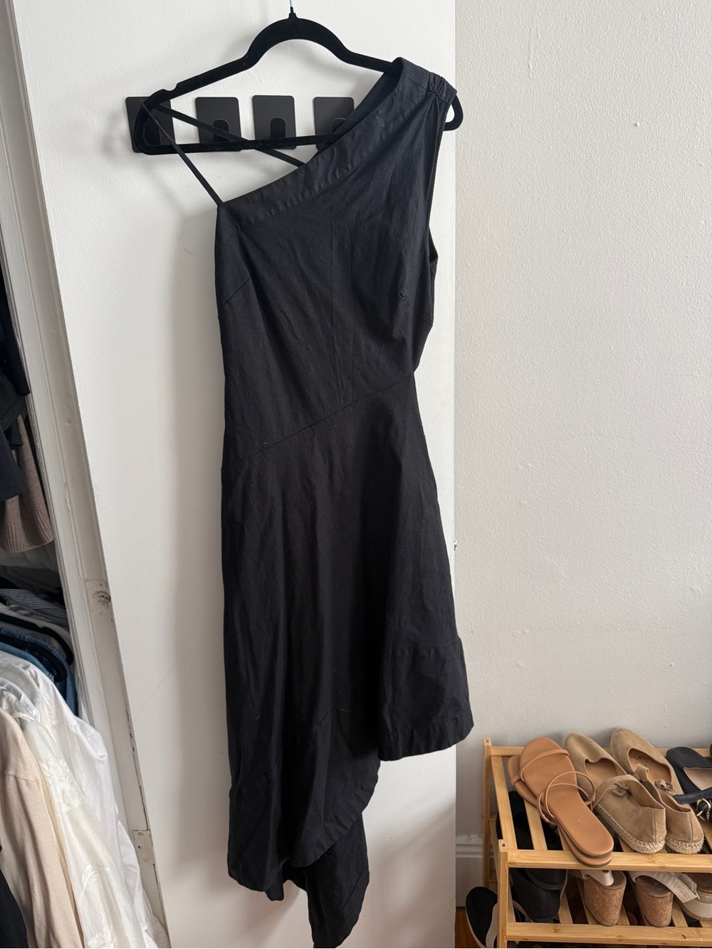 Anthropologie Black One-Shoulder Asymmetric Midi Dress